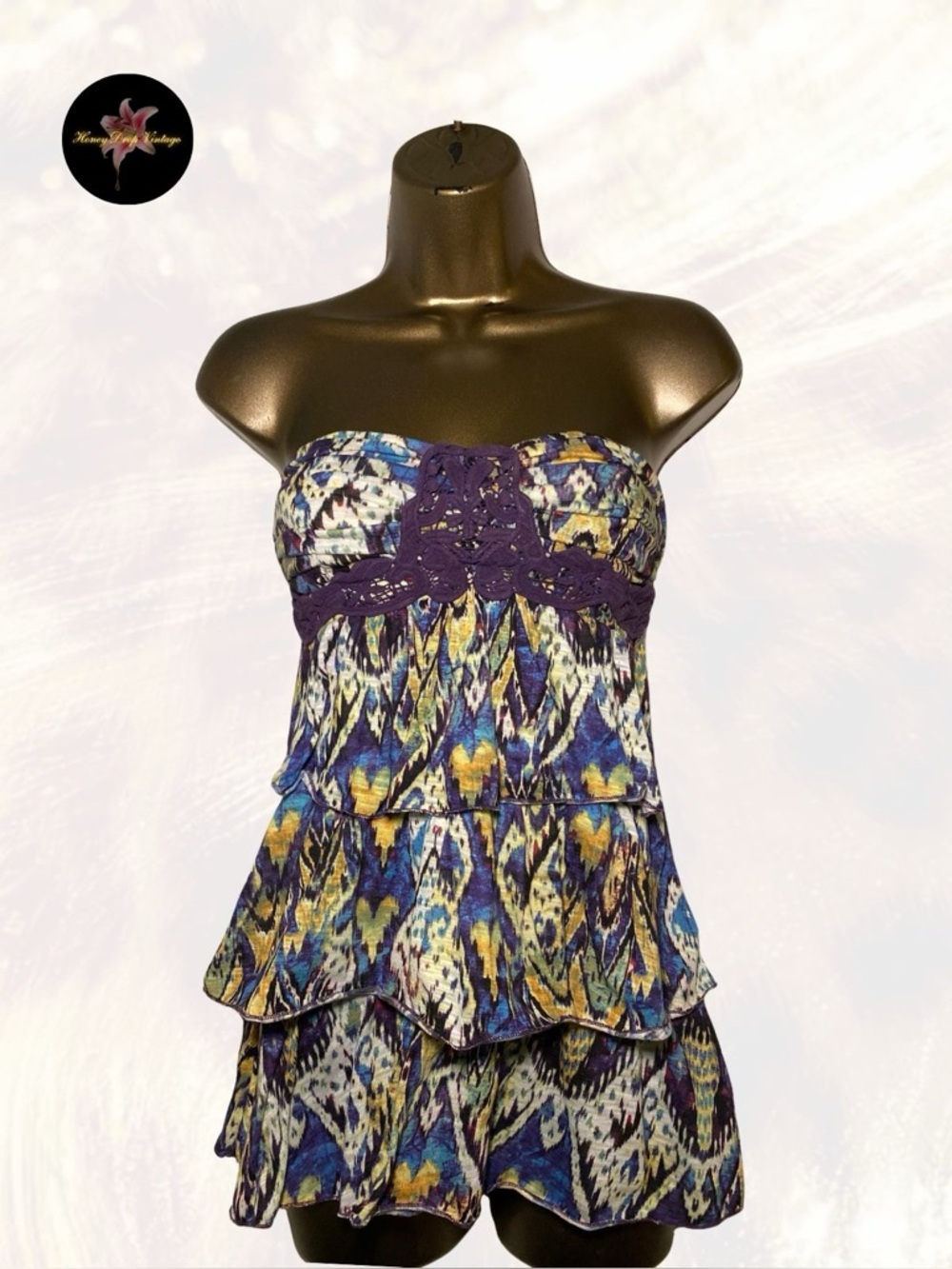 Self Esteem Y2K Strapless Tiered Ikat Print Top